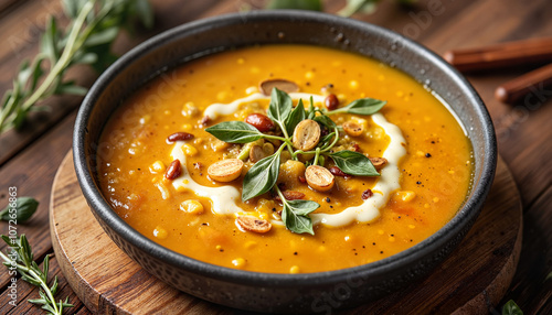 Creamy pumpkin soup with herbs and nuts on wooden table
