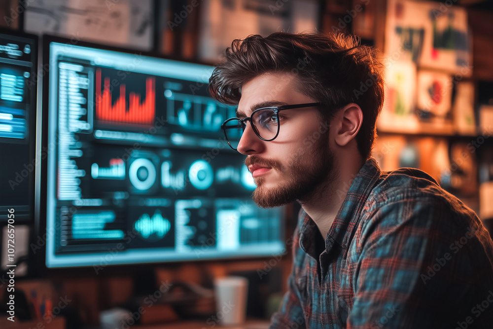 A young man in glasses intently studies data analytics on dual computer screens in a softly lit room A young man in glasses intently studies data analytics on dual computer screens in a softly lit room