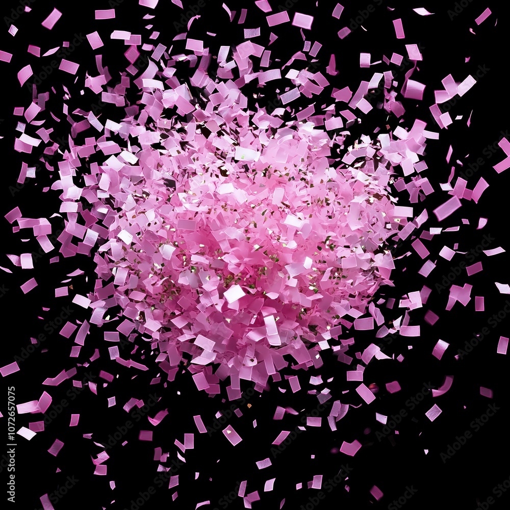 Pink confetti explodes on black background. Image for backgrounds, website design, social media posts. Fun, festive image used for birthday, holiday, celebration. Pink confetti flying, making great Pink confetti explodes on black background. Image for backgrounds, website design, social media posts. Fun, festive image used for birthday, holiday, celebration. Pink confetti flying, making great