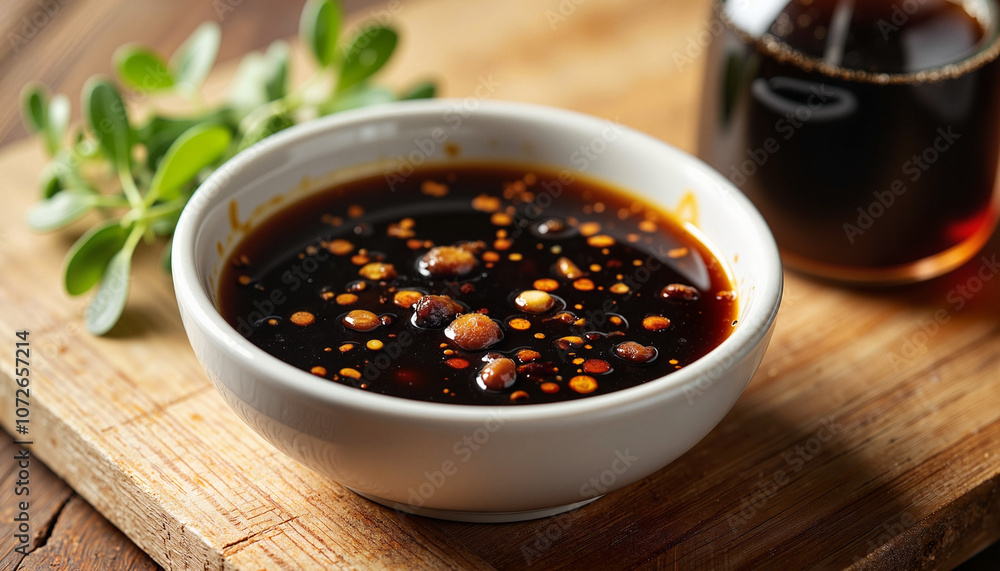 Dark soy sauce with sesame oil in white bowl on wooden board Dark soy sauce with sesame oil in white bowl on wooden board