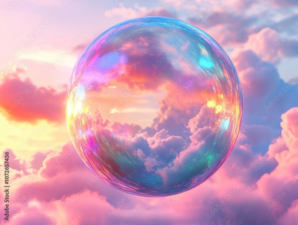 a colorful magical soap bubble in the sky with clouds. 3D a colorful magical soap bubble in the sky with clouds. 3D