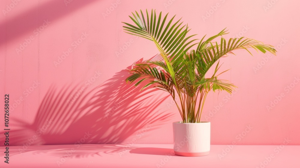 Tropical Palm Plant with Shadows on Pink Background Tropical Palm Plant with Shadows on Pink Background