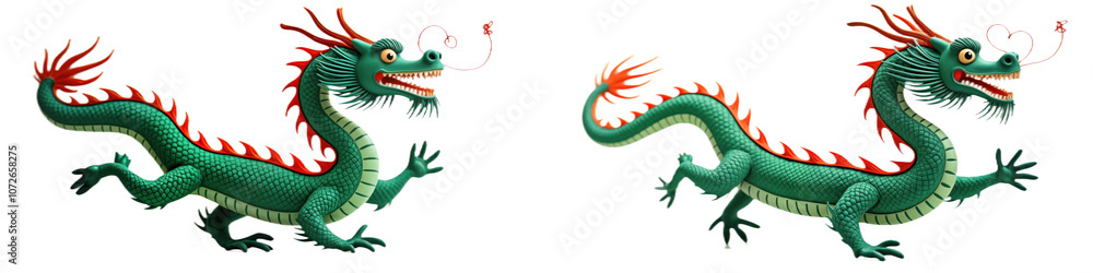 Obraz premium Green Chinese dragon isolated on transparent background. Red spikes, horns, yellow eyes. Two identical dragons face in opposite directions, looking to left, right. Decorative dragon for New Year Png.