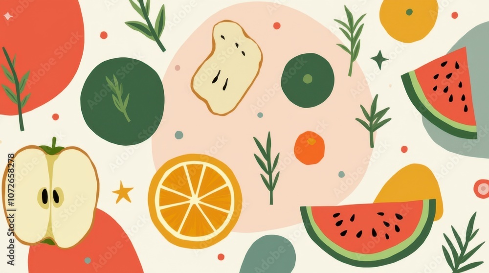 Sliced Fruit Arranged on a Modern Abstract Background Sliced Fruit Arranged on a Modern Abstract Background
