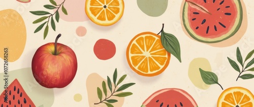 Sliced Fruit Arrangement on Modern Abstract Background