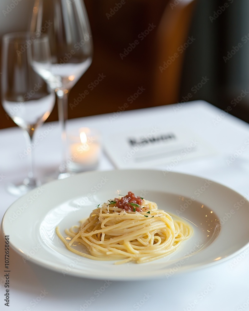 Spaghetti carbonara with parmesan cheese and basil on white plate in fancy restaurant Spaghetti carbonara with parmesan cheese and basil on white plate in fancy restaurant