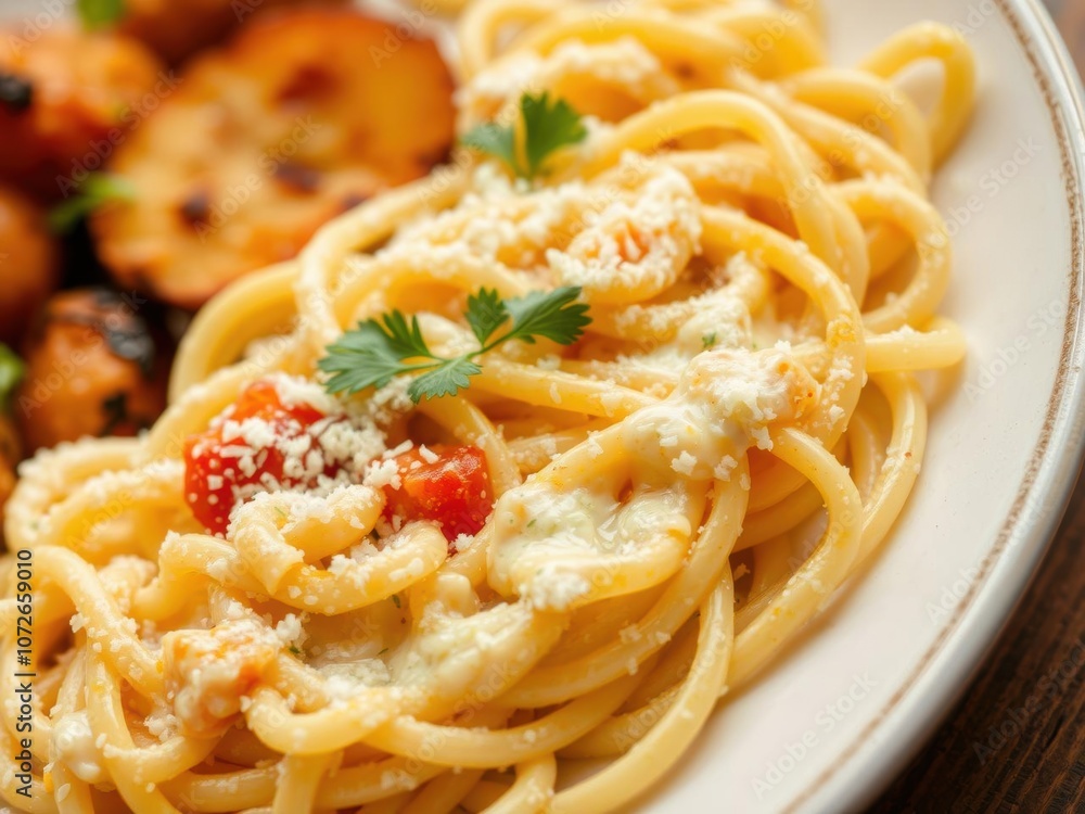 Close-up photo of a plate of freshly cooked Italian pasta fettuccine topped with creamy Alfredo sauce and garnished with grated Parmesan cheese and parsley, pasta, lunch Close-up photo of a plate of freshly cooked Italian pasta fettuccine topped with creamy Alfredo sauce and garnished with grated Parmesan cheese and parsley, pasta, lunch