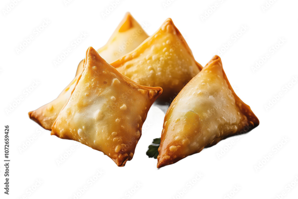 Crispy fried samosas on isolated transparent background. Indian appetizer, snack, or street food. Served in restaurant or at home. Perfect for menu, recipe, or food blog. Alpha mask cut out png. Crispy fried samosas on isolated transparent background. Indian appetizer, snack, or street food. Served in restaurant or at home. Perfect for menu, recipe, or food blog. Alpha mask cut out png.