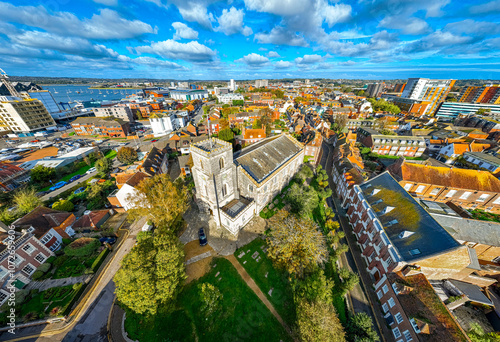 Aerial view of St James Church in Poole, a coastal town in Dorset, southern England, known for its large natural harbour and sandy beaches