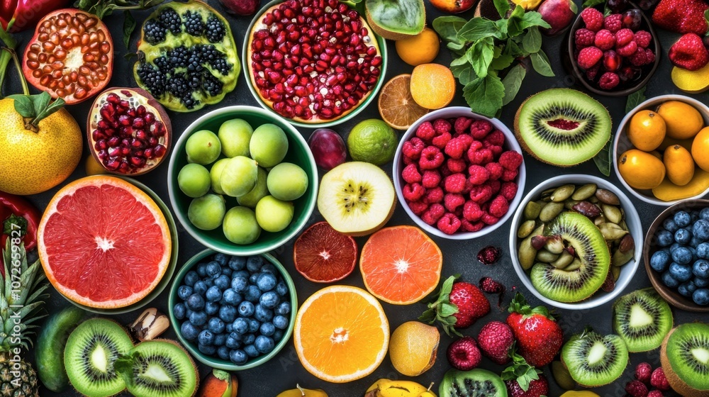 Fresh Fruit Variety in Colorful Bowls Fresh Fruit Variety in Colorful Bowls