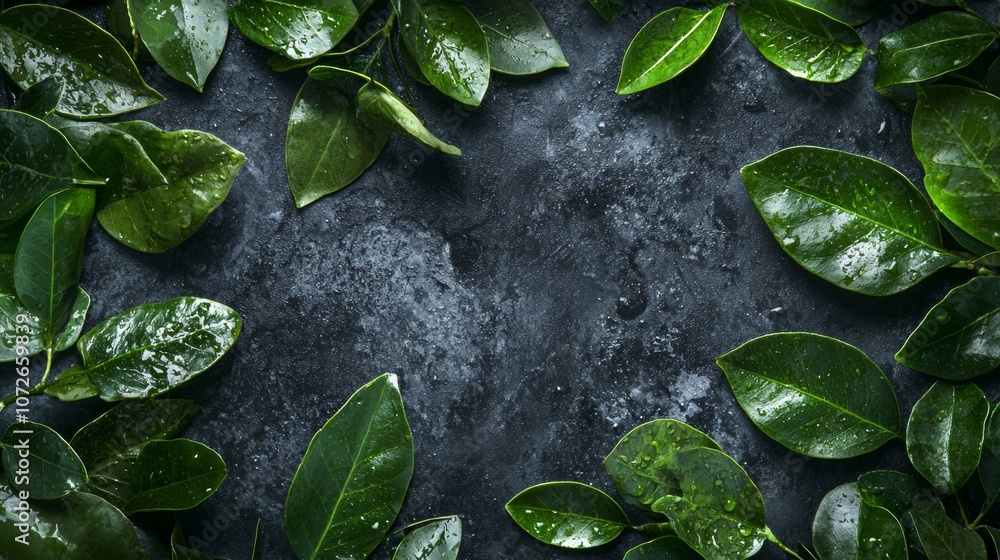 Green Leaves with Dew Drops on Dark Textured Background Green Leaves with Dew Drops on Dark Textured Background