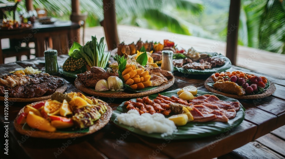 Exotic Feast of Fresh Tropical Fruits and Dishes Exotic Feast of Fresh Tropical Fruits and Dishes