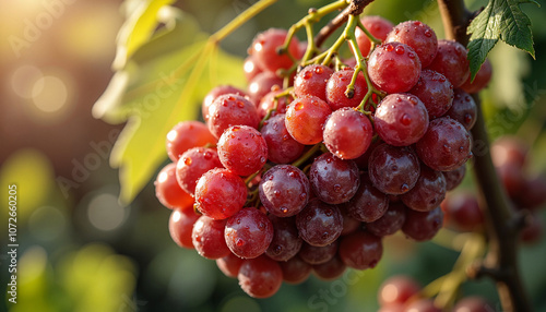 Fresh red grapes on vine in sunlight