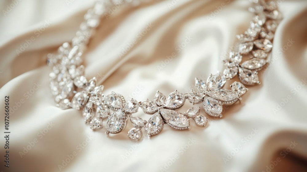 Elegant Diamond Necklace on Soft Fabric Background Elegant Diamond Necklace on Soft Fabric Background