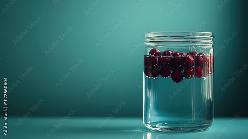 Glass jar filled with fresh cranberries in water, placed on teal surface greenish-blue background Glass jar filled with fresh cranberries in water, placed on teal surface greenish-blue background