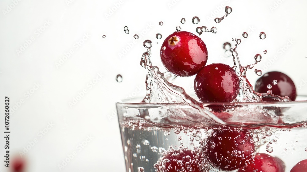 Fresh cranberries splashing into glass of water, creating dynamic water droplets Fresh cranberries splashing into glass of water, creating dynamic water droplets