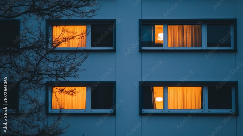 Cozy Urban Windows at Dusk with Warm Light Glow Cozy Urban Windows at Dusk with Warm Light Glow