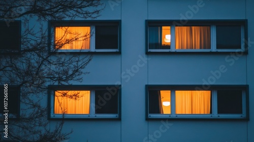 Cozy Urban Windows at Dusk with Warm Light Glow