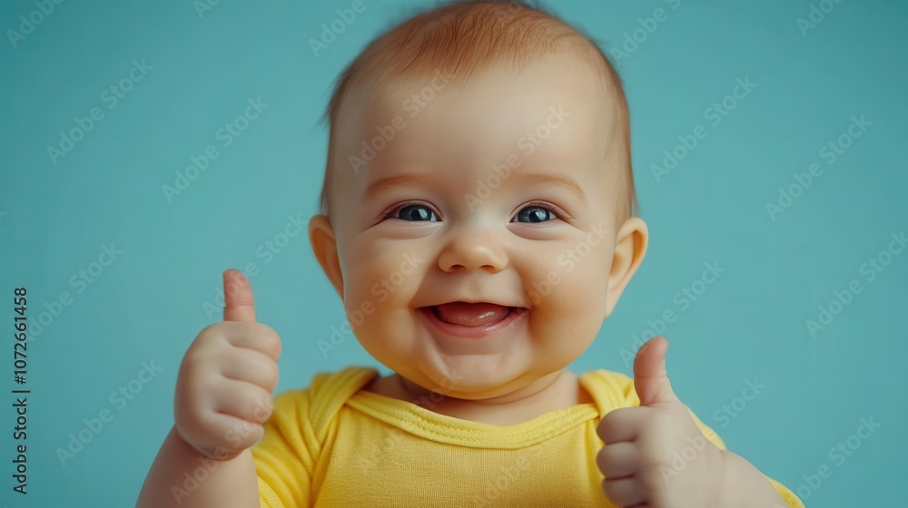 A smiling baby wearing a yellow shirt is giving a thumbs up. The baby's face is full of joy and happiness A smiling baby wearing a yellow shirt is giving a thumbs up. The baby's face is full of joy and happiness