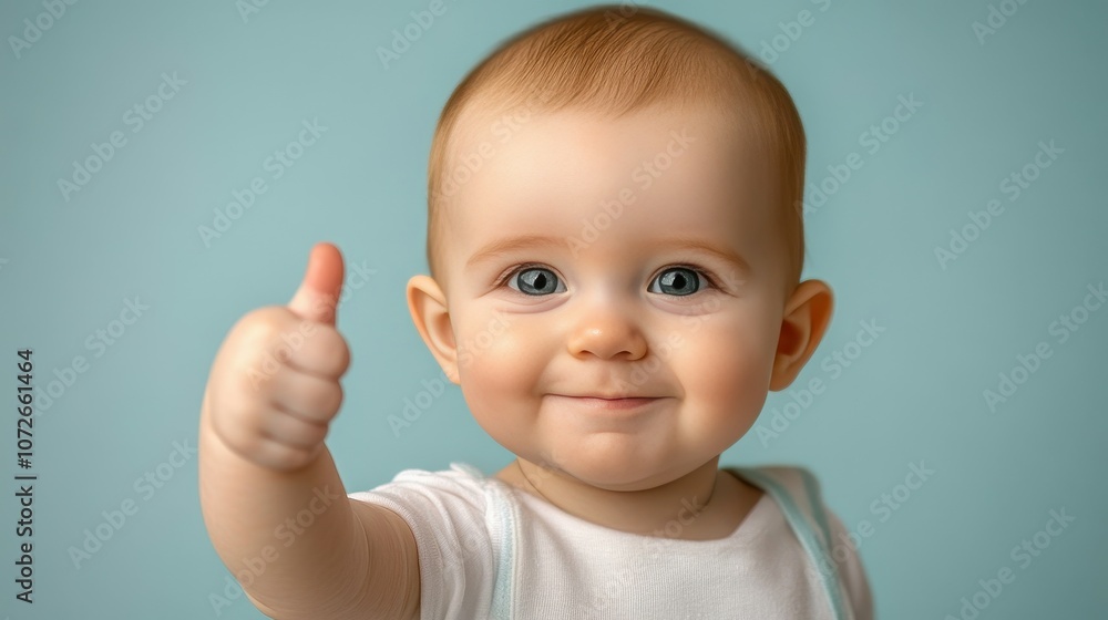 A baby is smiling and giving a thumbs up. The baby is wearing a white shirt and blue shorts A baby is smiling and giving a thumbs up. The baby is wearing a white shirt and blue shorts