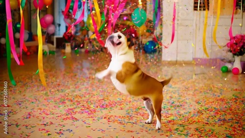 dog with colorful balloons birthday theme
