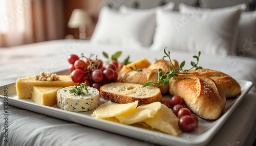 Gourmet cheese platter with bread and grapes on hotel bed