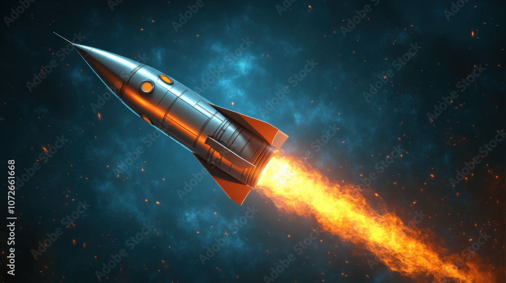 sleek rocket is launching into dark blue cosmos, leaving trail of fiery orange flames behind. scene captures excitement and energy of space exploration sleek rocket is launching into dark blue cosmos, leaving trail of fiery orange flames behind. scene captures excitement and energy of space exploration