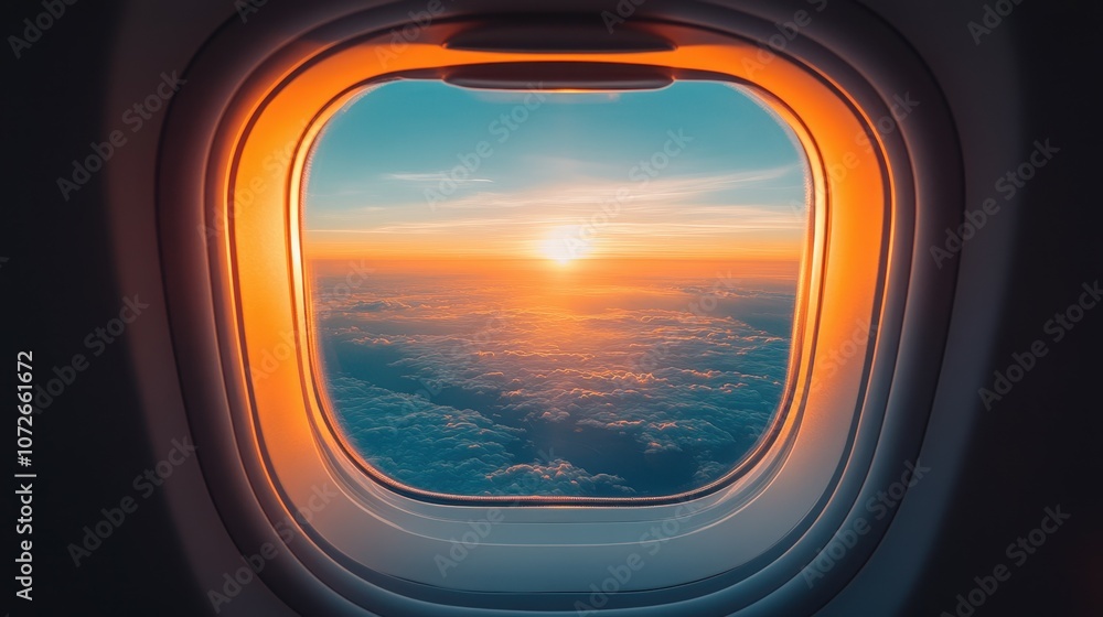 A window on an airplane with a beautiful sunset in the background. The sky is filled with clouds and the sun is setting A window on an airplane with a beautiful sunset in the background. The sky is filled with clouds and the sun is setting