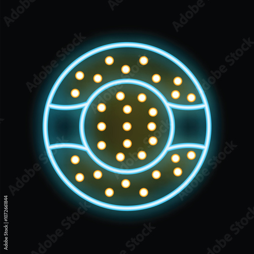 Vibrant neon sign illuminating a circular object with glowing lights, set against a dark backdrop, creating a captivating visual