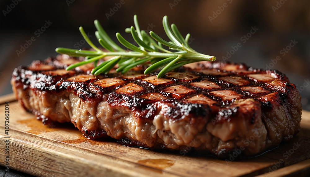 Grilled juicy steak with rosemary on wooden board Grilled juicy steak with rosemary on wooden board