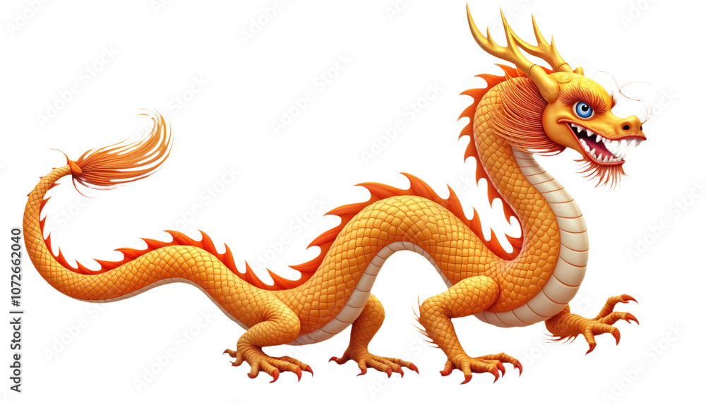 Fototapeta premium Golden Chinese dragon, symbol of prosperity and luck. Mythical creature with horns, scales, and claws. Perfect for New Year, festivals, and cultural events. Transparent isolated background alpha mask.