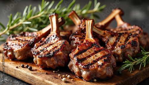 Grilled lamb chops with rosemary on wooden board
