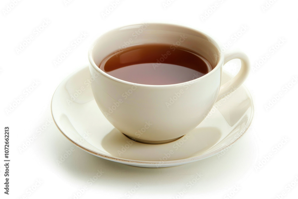 white cup filled with tea placed on a saucer, isolated on a clean white background white cup filled with tea placed on a saucer, isolated on a clean white background