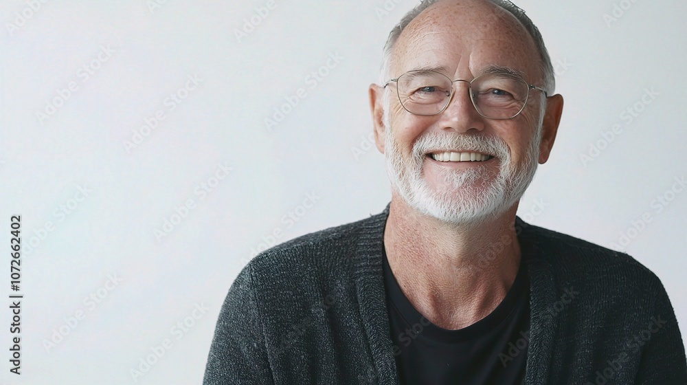 Cheerful Older Man Smiling Warmly at the Camera in Casual Attire, Radiating Joy and Positivity in a Bright Setting Cheerful Older Man Smiling Warmly at the Camera in Casual Attire, Radiating Joy and Positivity in a Bright Setting