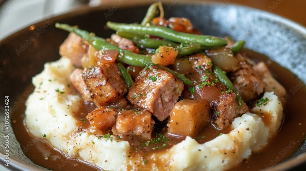Delicious Pork Dish with Green Beans and Mashed Potatoes Delicious Pork Dish with Green Beans and Mashed Potatoes