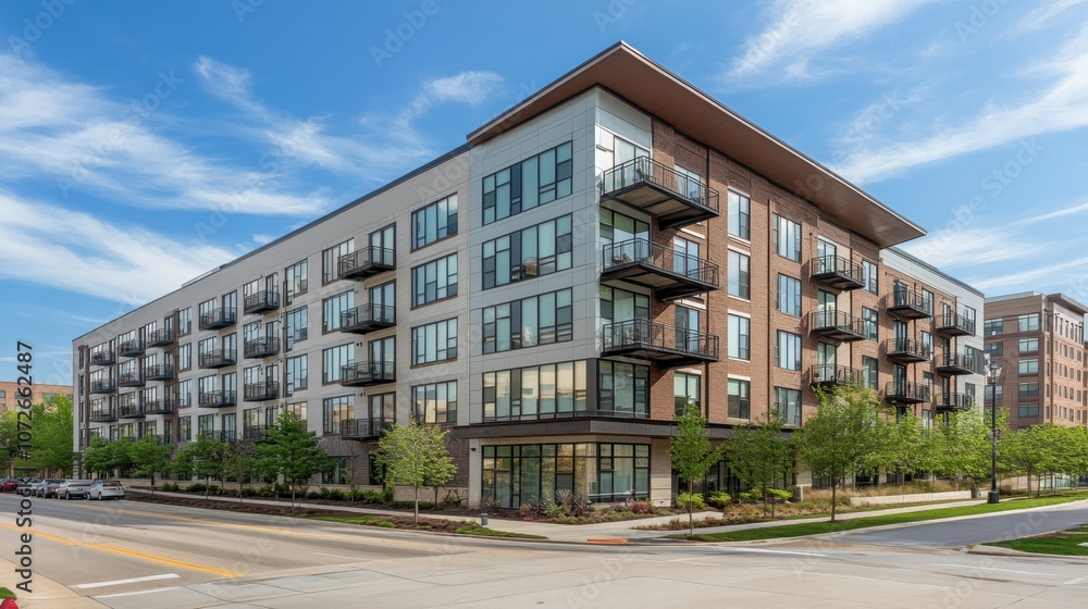 Modern Apartment Building with Clear Blue Sky Modern Apartment Building with Clear Blue Sky