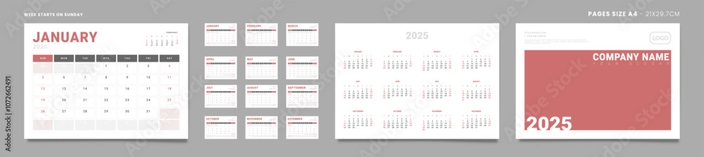 Set of 2025 Pages Monthly Calendar Planner Templates, Cover with Place for Photo, Company Logo, annual. Design of Vector Calendar Pages size Letter -8.5x11 in ready on print. Week start on Sunday Set of 2025 Pages Monthly Calendar Planner Templates, Cover with Place for Photo, Company Logo, annual. Design of Vector Calendar Pages size Letter -8.5x11 in ready on print. Week start on Sunday
