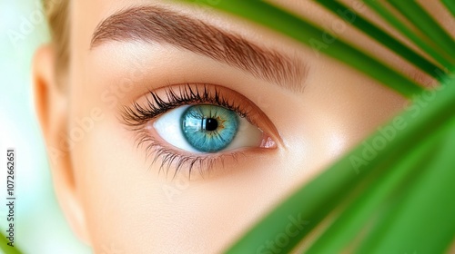 A woman with long eyelashes and a blue eye. The eye is surrounded by a green leaf