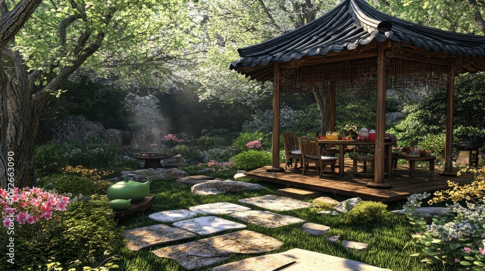 Serene Garden Retreat with Pavilion and Blooming Flowers Serene Garden Retreat with Pavilion and Blooming Flowers