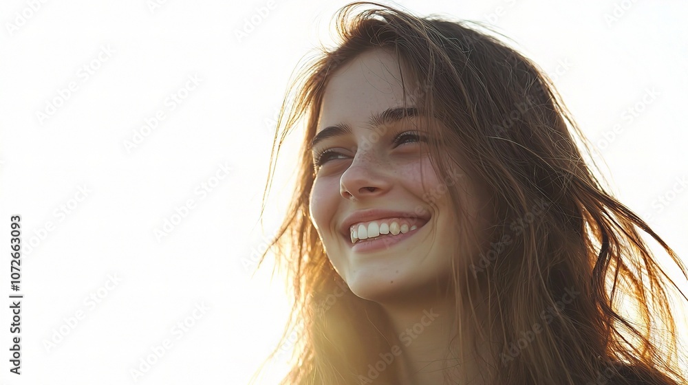 Fototapeta premium Cheerful Young Woman with Long Hair Smiling Brightly in Natural Light Capturing a Moment of Joy and Happiness Outdoors in a Soft and Dreamy Atmosphere