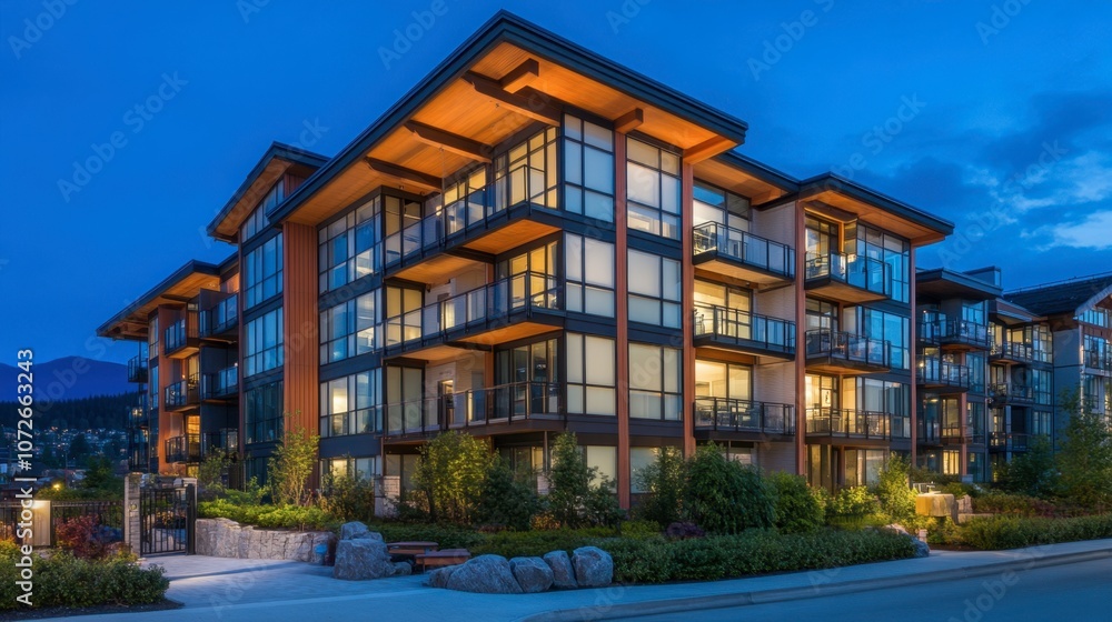 Modern Apartment Building with Evening Lighting Modern Apartment Building with Evening Lighting