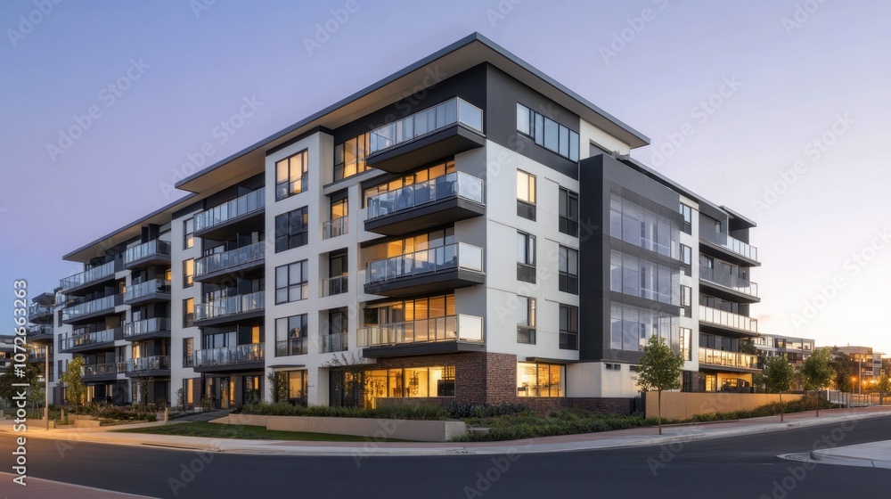 Modern Apartment Building at Sunset in Urban Area Modern Apartment Building at Sunset in Urban Area