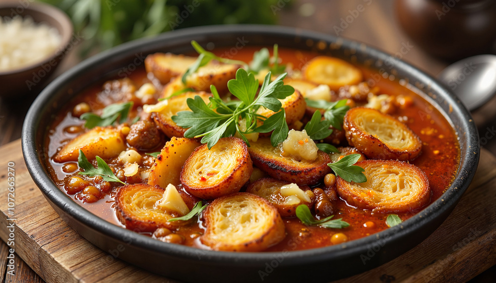 Hearty minestrone soup with croutons in black bowl Hearty minestrone soup with croutons in black bowl