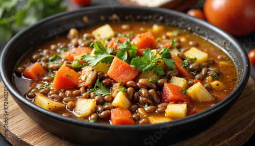 Hearty lentil vegetable soup in black bowl