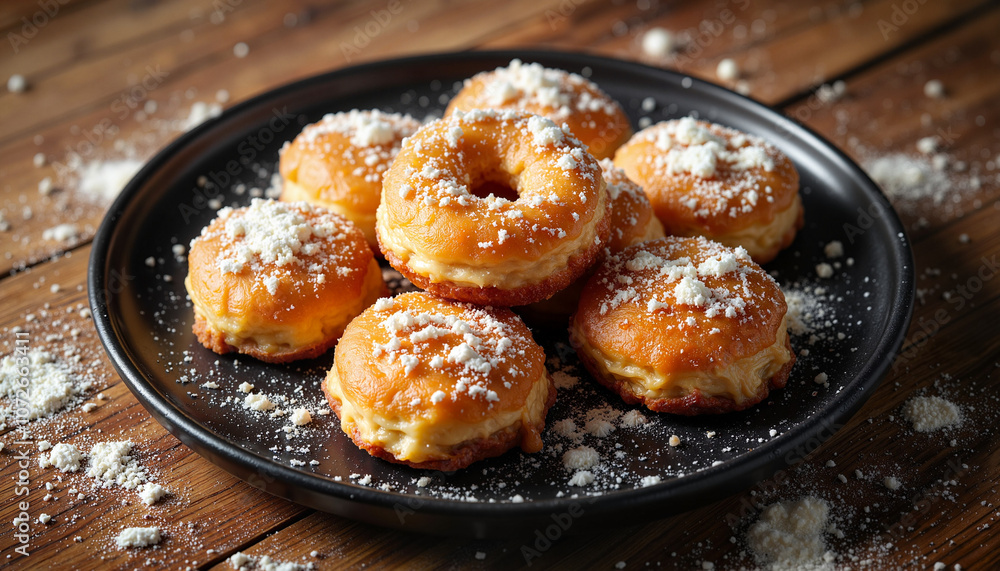 Homemade donuts dusted with powdered sugar on plate Homemade donuts dusted with powdered sugar on plate