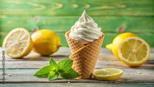 Creamy Vanilla Ice Cream Cone With Fresh Lemons and Mint Leaves on Rustic Wood Table