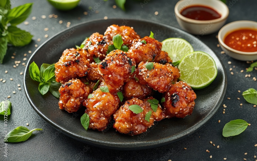 Close-up of crispy, sweet and spicy chicken bites with sesame seeds and basil. Close-up of crispy, sweet and spicy chicken bites with sesame seeds and basil.