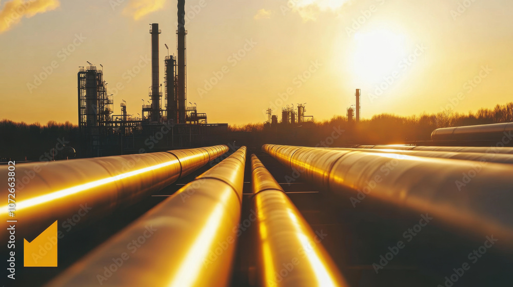 large oil refinery with extensive pipelines leading towards it, illuminated by warm sunset. scene captures industrial landscape and intricate network of pipes