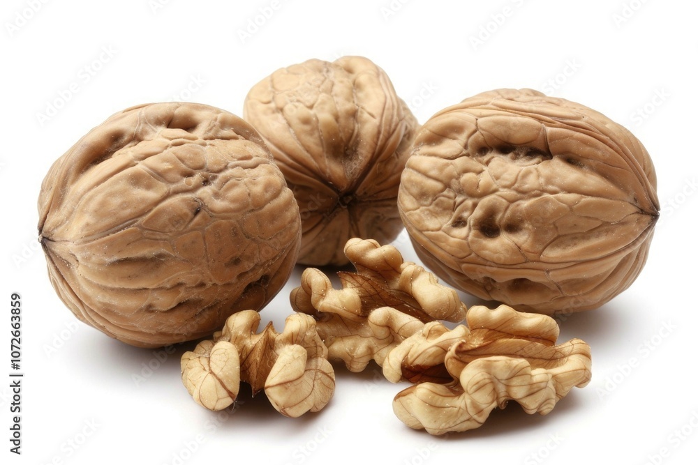 Three whole walnuts and walnut halves on a white background, showing texture and details Three whole walnuts and walnut halves on a white background, showing texture and details
