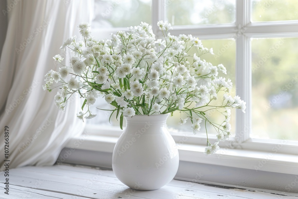 bouquet of white flowers in a white vase placed on a white wooden table by a window bouquet of white flowers in a white vase placed on a white wooden table by a window